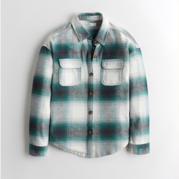 Hollister Tops | Oversized Flannel Shirt Jacket | Color: Green/White | Size: 2 | Jinzihan228's Closet